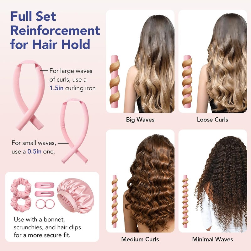LitBear Heatless Curls Overnight Set, 2 Sizes of Soft Curling Rods for Women Long Hair,No Heat Hair Curlers with Bonnet to Sleep In, Flat-Top Design with Scrunchies and Clips,Light Pink 11Pcs - Image 3